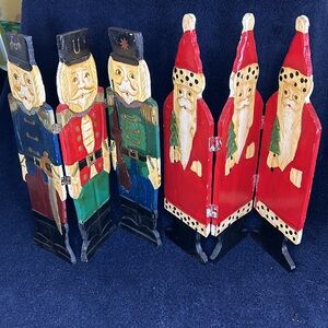 Wood 3 Panel Santas and Soldiers. Vintage. Carved fronts. Two sets of 3 panels